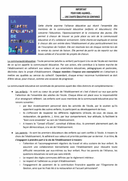 Charte éducative de confiance de l'école Saint Martin page 1