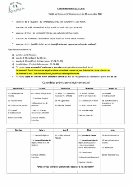 Calendrier scolaire modifié 2024-2025